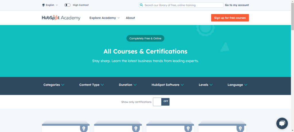 HubSpot for Startups: Hubspot academy home page