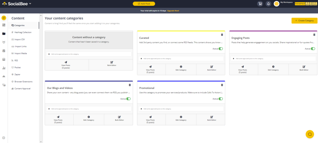 SocialBee: Content Categories dashboard