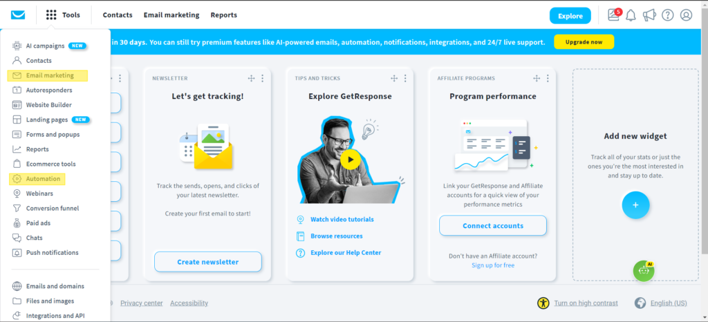 Clickfunnels vs GetResponse: GetResponse Dashboard